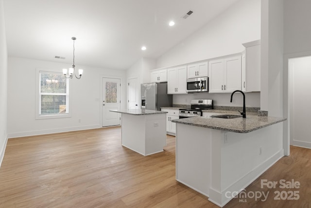 kitchen with sink, white cabinetry, stainless steel appliances, decorative light fixtures, and kitchen peninsula