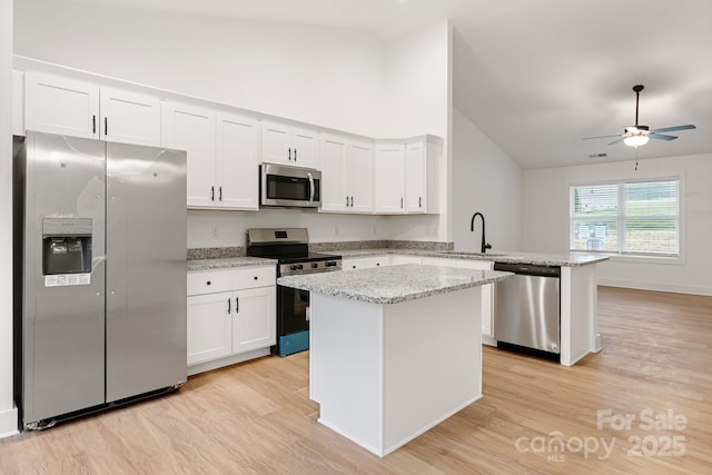 kitchen with white cabinetry, sink, kitchen peninsula, and appliances with stainless steel finishes