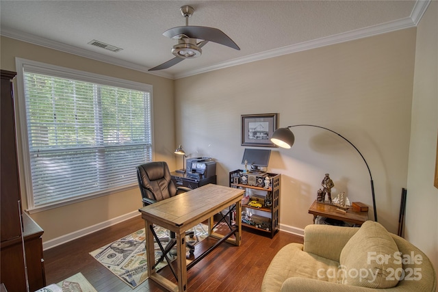 office area with ceiling fan, dark hardwood / wood-style flooring, and ornamental molding