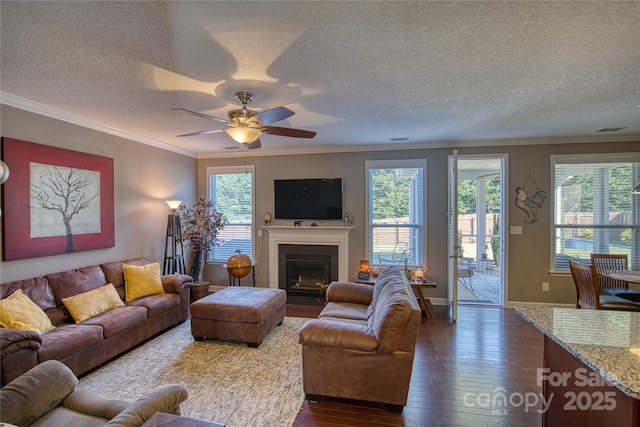 living room with hardwood / wood-style flooring, ceiling fan, a textured ceiling, and ornamental molding