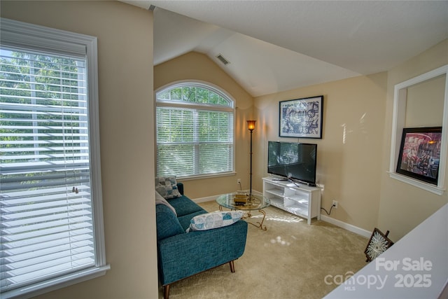 living room featuring lofted ceiling and carpet floors