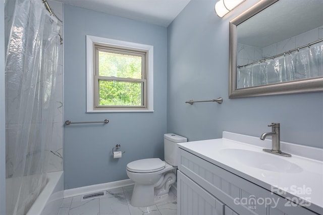 full bathroom with vanity, toilet, and shower / tub combo with curtain