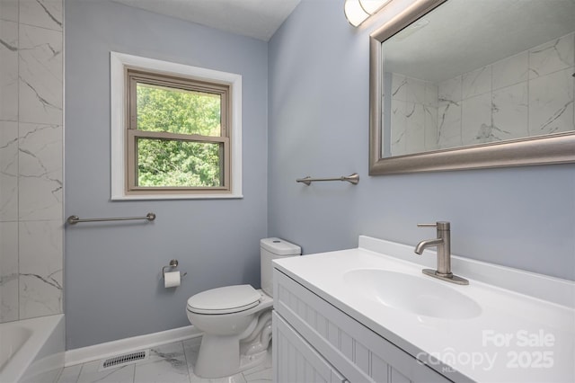 full bathroom featuring vanity, toilet, and shower / washtub combination