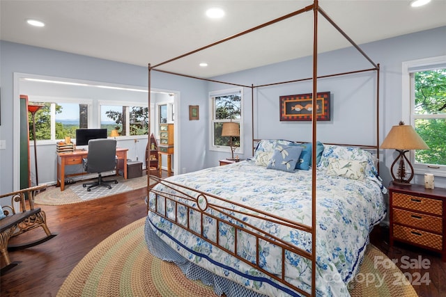 bedroom with multiple windows and dark hardwood / wood-style floors