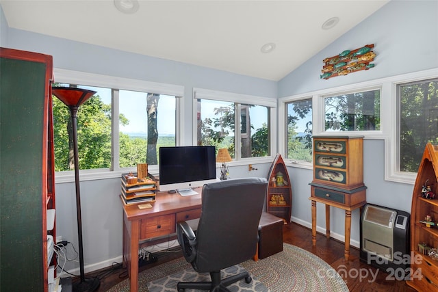 office area featuring dark hardwood / wood-style floors and vaulted ceiling