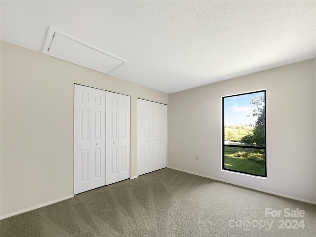 unfurnished bedroom featuring carpet flooring and two closets