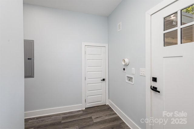 laundry room featuring electric dryer hookup, dark hardwood / wood-style floors, and electric panel