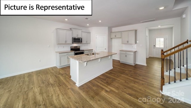 kitchen with wood-type flooring, light stone counters, sink, an island with sink, and appliances with stainless steel finishes