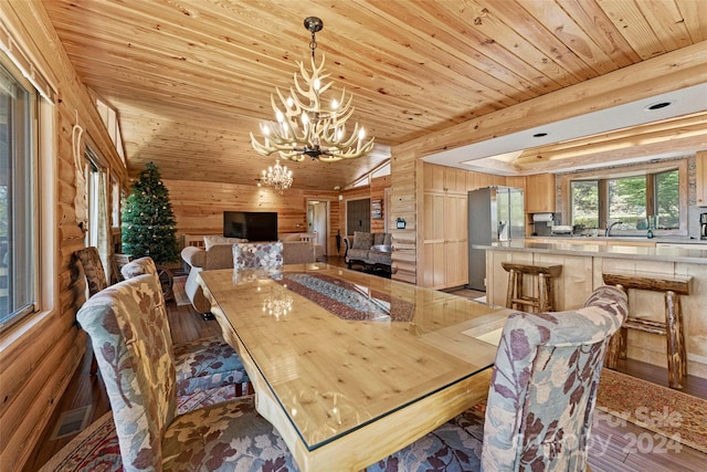 dining room with wood-type flooring, a chandelier, wooden walls, and wood ceiling