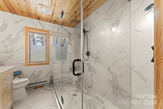 bathroom with wooden ceiling, vanity, and a baseboard radiator