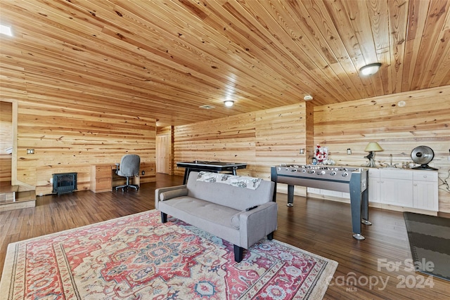 living room with hardwood / wood-style flooring and wood ceiling