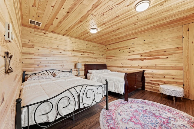 bedroom featuring hardwood / wood-style floors, wooden ceiling, and wood walls