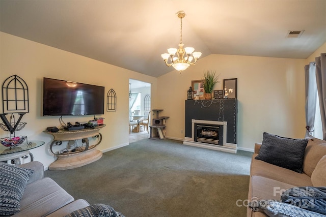 living room with lofted ceiling, carpet, and an inviting chandelier