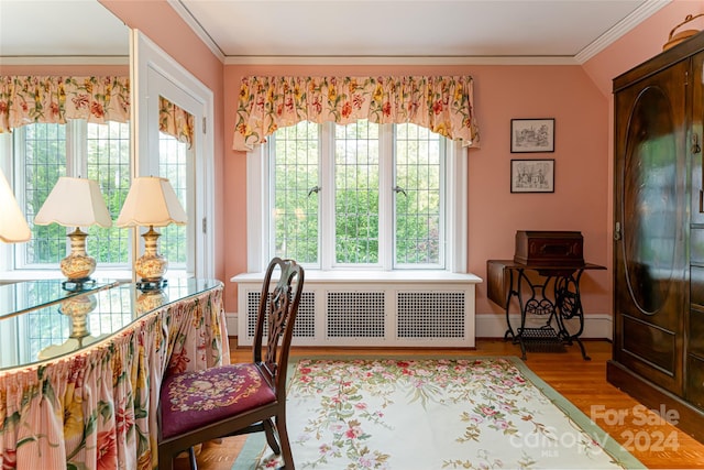 office with crown molding, radiator heating unit, and hardwood / wood-style flooring