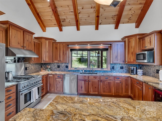 kitchen featuring sink, appliances with stainless steel finishes, vaulted ceiling with beams, and backsplash