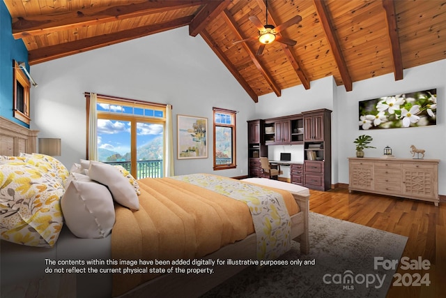 bedroom featuring access to exterior, beamed ceiling, high vaulted ceiling, wood ceiling, and hardwood / wood-style flooring