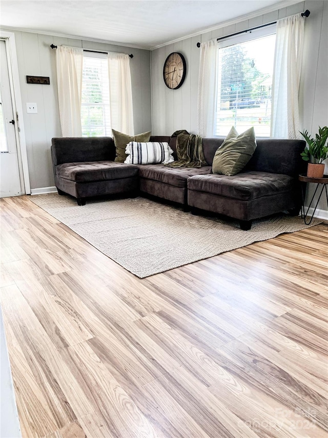 living room with a wealth of natural light and light hardwood / wood-style flooring