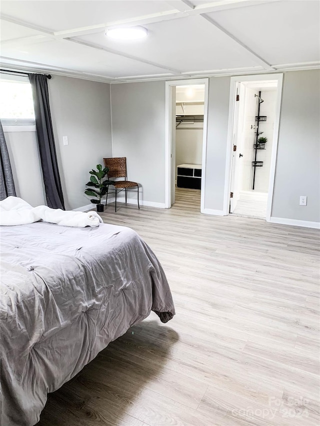 bedroom with a walk in closet, light hardwood / wood-style flooring, and a closet