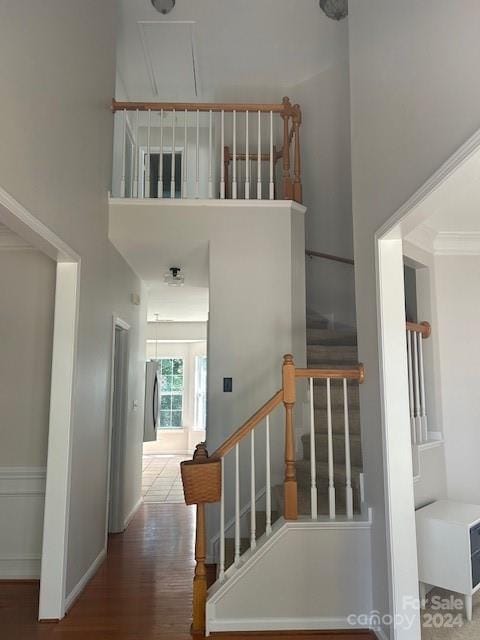 staircase with hardwood / wood-style flooring