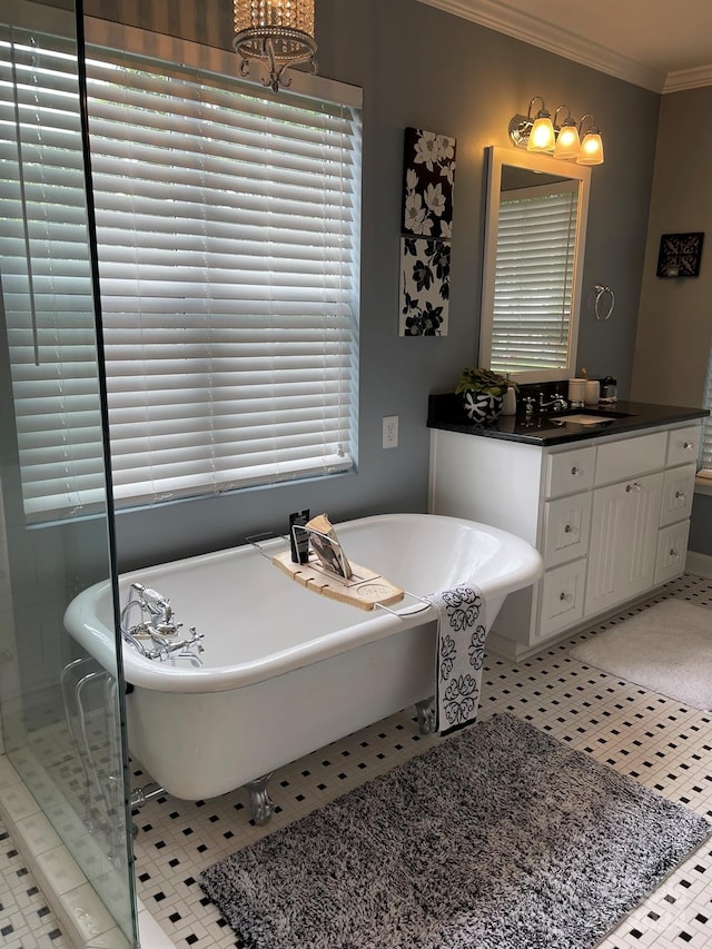 bathroom with ornamental molding, vanity, and a tub