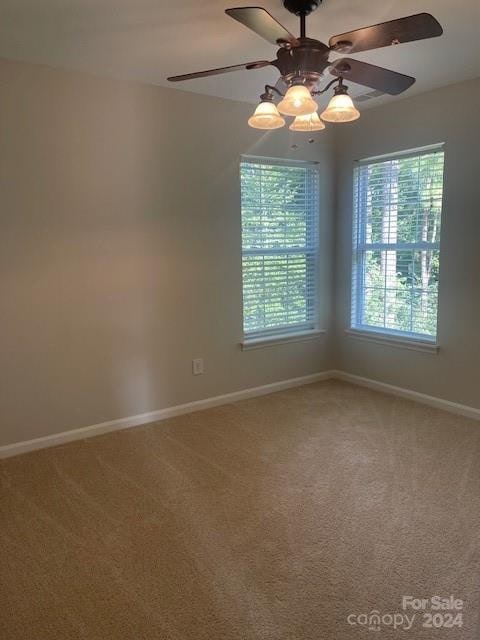 empty room featuring plenty of natural light, ceiling fan, and carpet floors