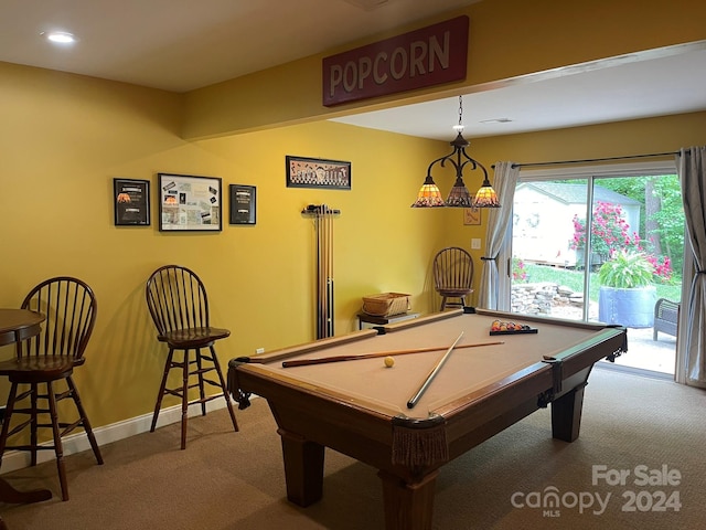 game room with billiards and carpet floors