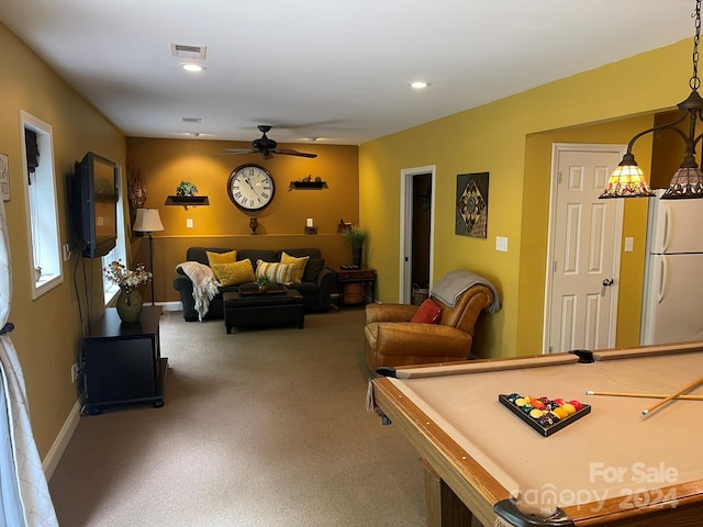 playroom with carpet flooring, pool table, and ceiling fan