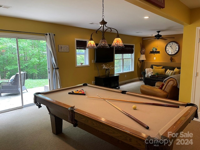 recreation room with billiards, ceiling fan, and carpet floors