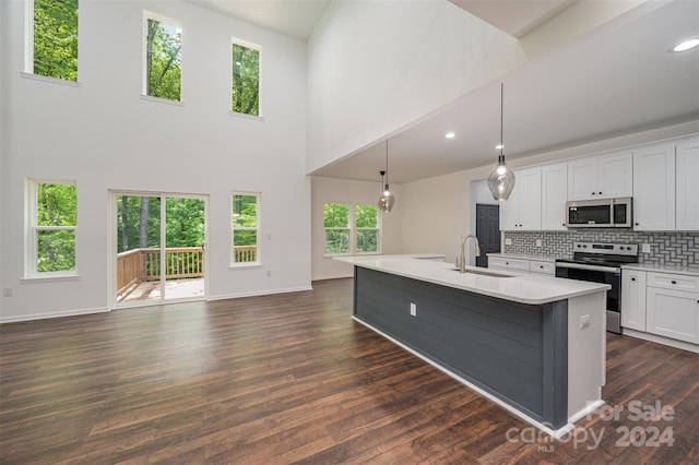 kitchen with appliances with stainless steel finishes, pendant lighting, sink, dark hardwood / wood-style floors, and a kitchen island with sink