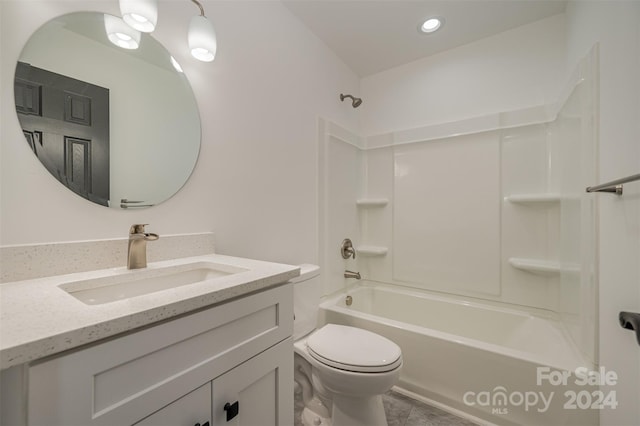 full bathroom featuring shower / washtub combination, tile flooring, oversized vanity, and toilet