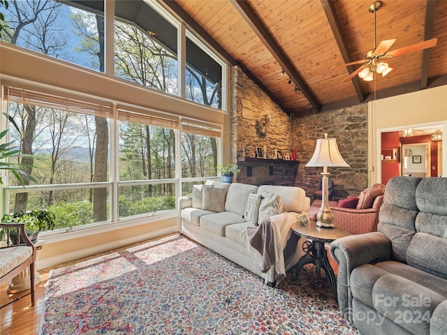 living room with beamed ceiling, hardwood / wood-style floors, high vaulted ceiling, and wooden ceiling