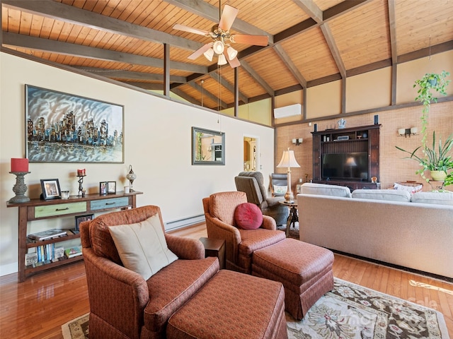 living room with wood ceiling, ceiling fan, baseboard heating, and hardwood / wood-style floors