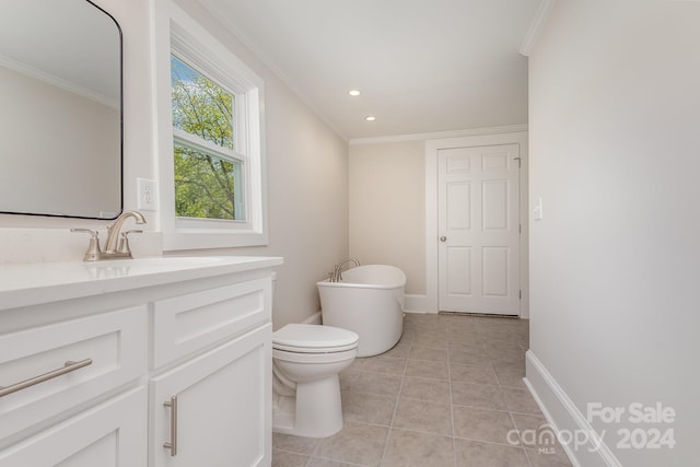 bathroom featuring crown molding, toilet, tile floors, and vanity