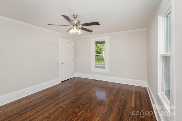 unfurnished room with ornamental molding, ceiling fan, and hardwood / wood-style floors