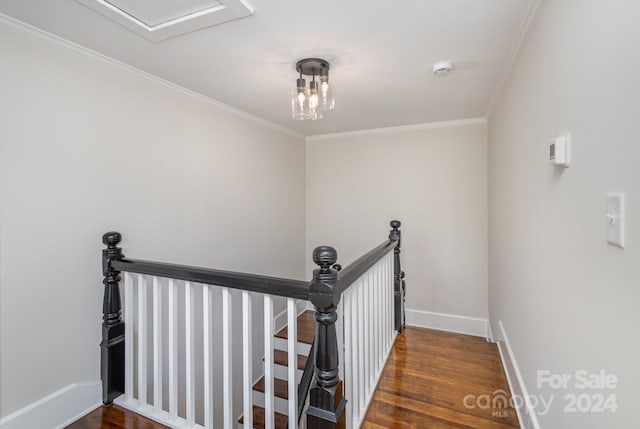 stairway with crown molding and dark wood-type flooring