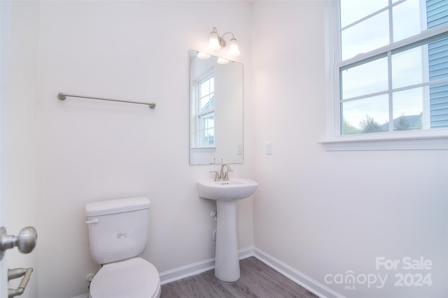 bathroom with toilet, wood-type flooring, and a healthy amount of sunlight