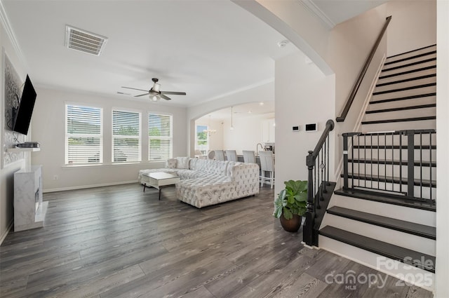 living room with dark wood-type flooring, ceiling fan, and ornamental molding