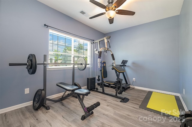 exercise room with ceiling fan and light wood-type flooring