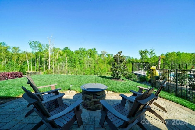 view of patio / terrace featuring a fire pit