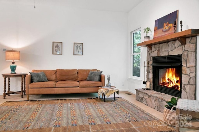 living room featuring wood-type flooring and a fireplace