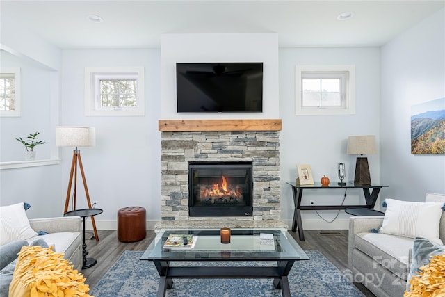 living room featuring wood-type flooring, a wealth of natural light, and a stone fireplace