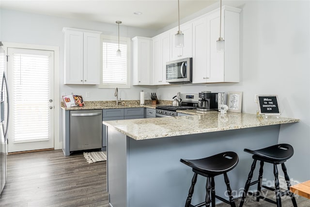 kitchen with appliances with stainless steel finishes, a kitchen bar, dark hardwood / wood-style floors, kitchen peninsula, and pendant lighting