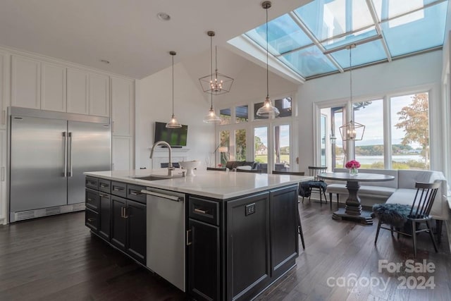 kitchen featuring dark hardwood / wood-style floors, stainless steel appliances, a center island with sink, sink, and a skylight