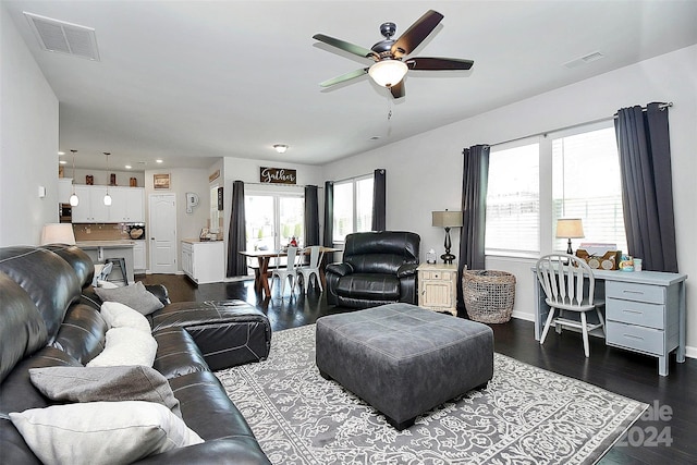 living room with wood-type flooring and ceiling fan