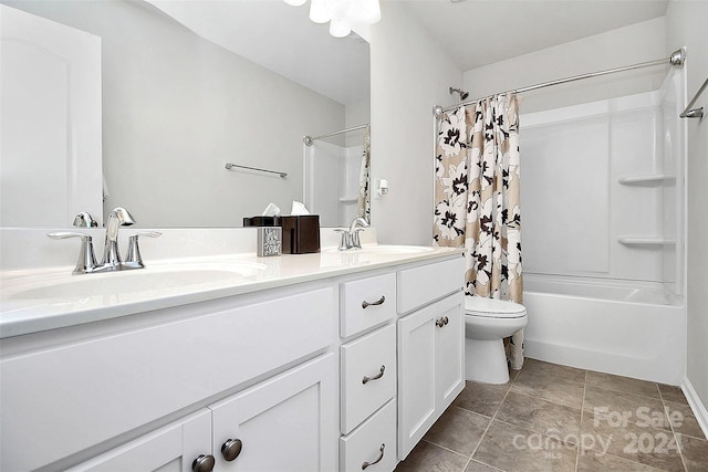 full bathroom with shower / tub combo, tile floors, large vanity, double sink, and toilet