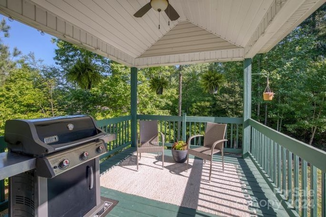 view of patio featuring ceiling fan and grilling area