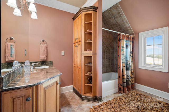 bathroom featuring lofted ceiling, tile patterned flooring, shower / bath combination with curtain, ornamental molding, and vanity