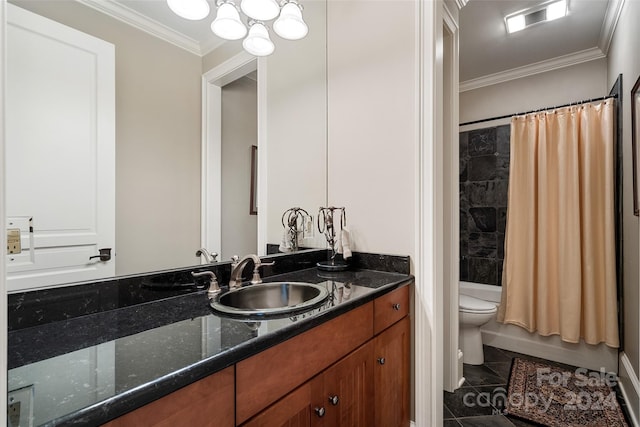 full bathroom with shower / bath combo, toilet, vanity, ornamental molding, and tile patterned flooring