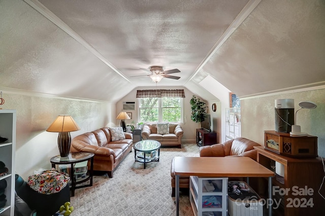 carpeted living room with a textured ceiling, vaulted ceiling, crown molding, and ceiling fan