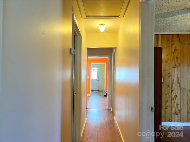 hallway featuring wooden walls, light hardwood / wood-style floors, and crown molding